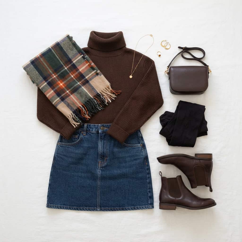 Outfit 8, chocolate turtleneck, denim skirt and tight, flat lay. Nursing-friendly outfit from Deep Fall: 4 Rich Colors, 12 Postpartum Outfits That Feel Like a Sweater.