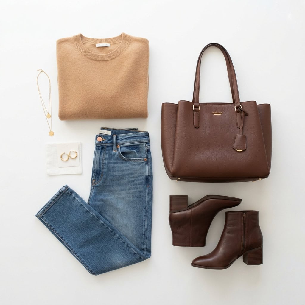 Outfit 11, camel fine sweater, high-rise jean and ankle boot, flat lay. Nursing-friendly outfit from Deep Fall: 4 Rich Colors, 12 Postpartum Outfits That Feel Like a Sweater.
