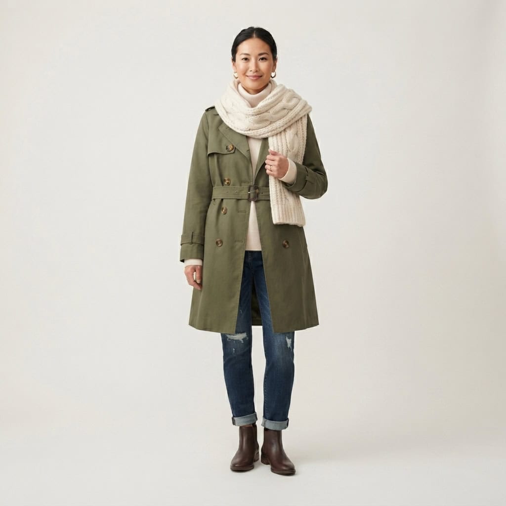Outfit 4, olive trench, turtleneck and jean, worn. Nursing-friendly outfit from Deep Fall: 4 Rich Colors, 12 Postpartum Outfits That Feel Like a Sweater.