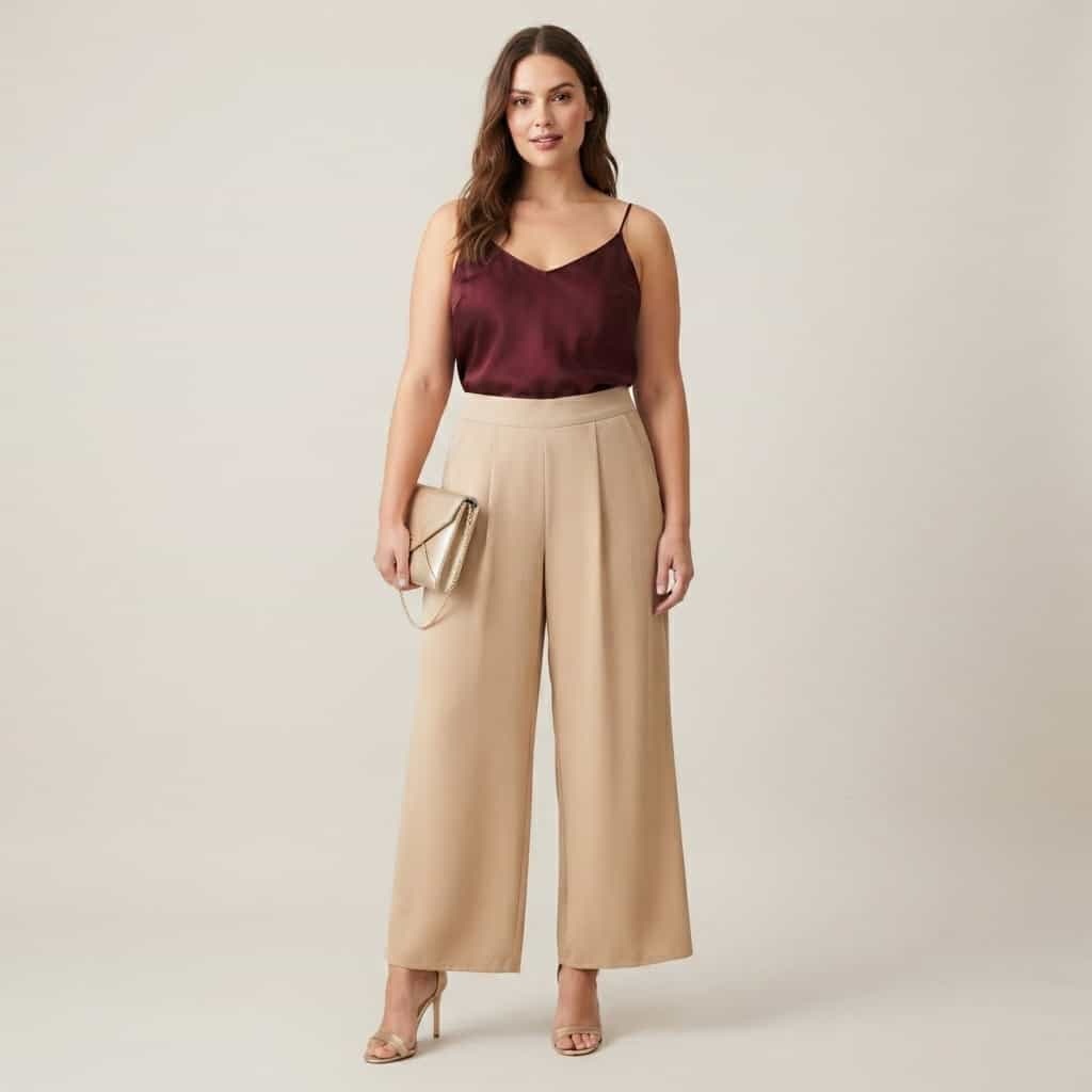 Outfit 6, burgundy cami and palazzo, worn. Nursing-friendly outfit from Anniversary Dinner Palette: 3 Romantic Colors, 9 Postpartum Date-Night Outfits.