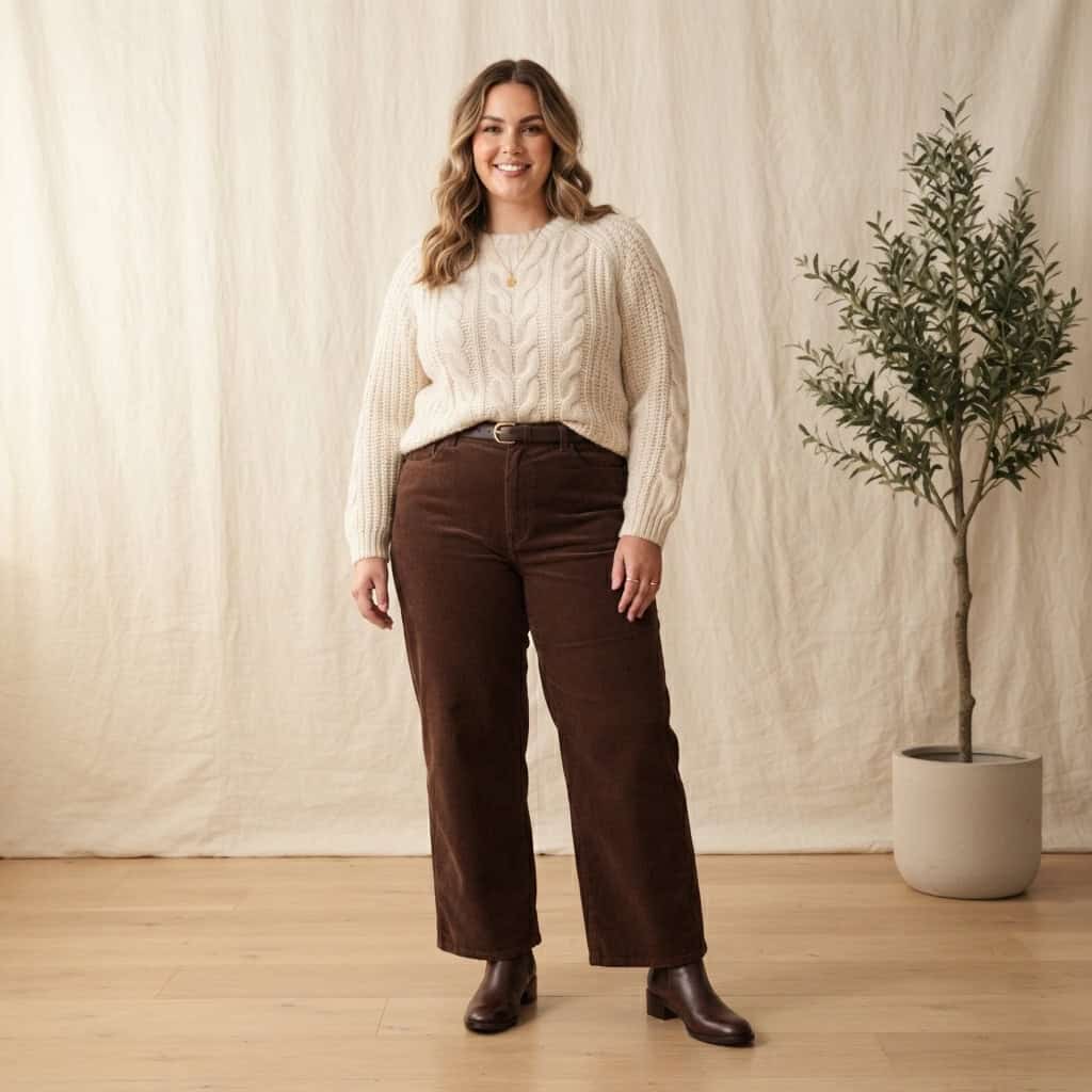 Outfit 7, chocolate corduroy trouser, cream knit and boot, worn. Nursing-friendly outfit from Deep Fall: 4 Rich Colors, 12 Postpartum Outfits That Feel Like a Sweater.
