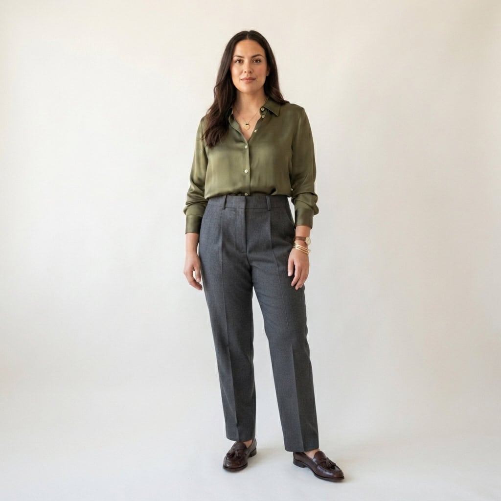 Outfit 6, olive silk blouse, tailored trouser and loafer, worn. Nursing-friendly outfit from Deep Fall: 4 Rich Colors, 12 Postpartum Outfits That Feel Like a Sweater.
