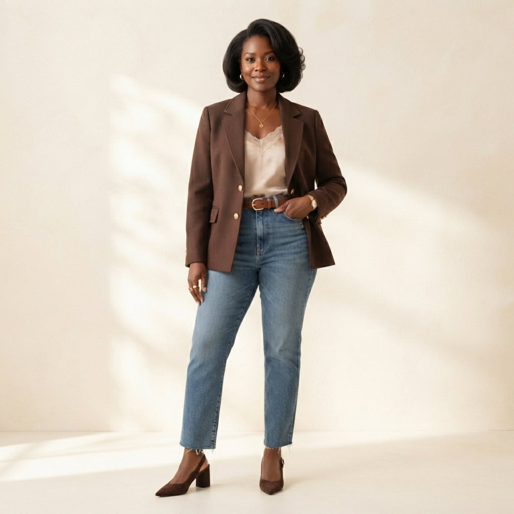 Outfit 9, chocolate blazer, silk cami and jean, worn. Nursing-friendly outfit from Deep Fall: 4 Rich Colors, 12 Postpartum Outfits That Feel Like a Sweater.