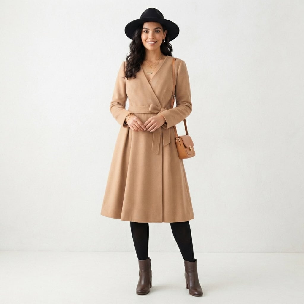 Outfit 12, camel midi wrap dress, tight and ankle boot, worn. Nursing-friendly outfit from Deep Fall: 4 Rich Colors, 12 Postpartum Outfits That Feel Like a Sweater.