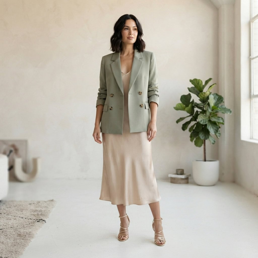 Outfit 7, champagne slip and heel, worn. Nursing-friendly outfit from Anniversary Dinner Palette: 3 Romantic Colors, 9 Postpartum Date-Night Outfits.