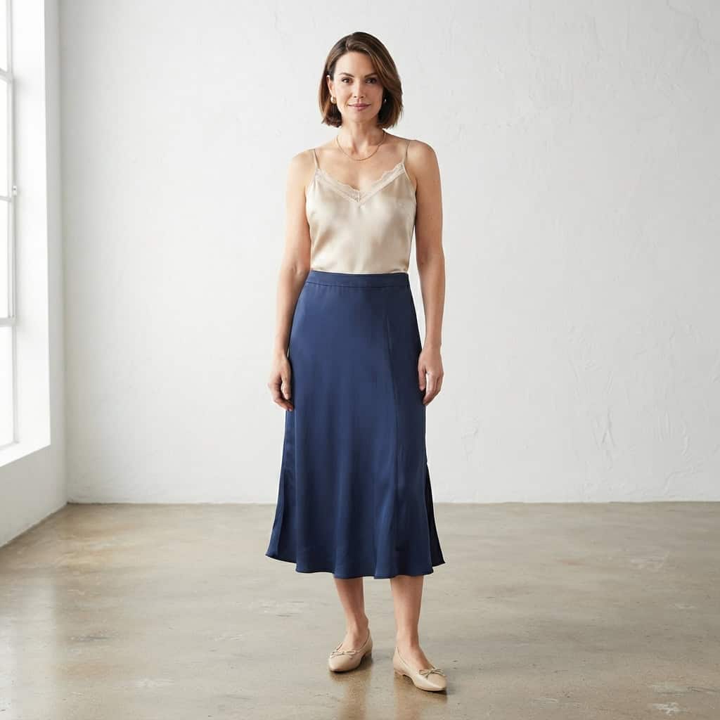 Outfit 9, champagne cami and skirt, worn. Nursing-friendly outfit from Anniversary Dinner Palette: 3 Romantic Colors, 9 Postpartum Date-Night Outfits.