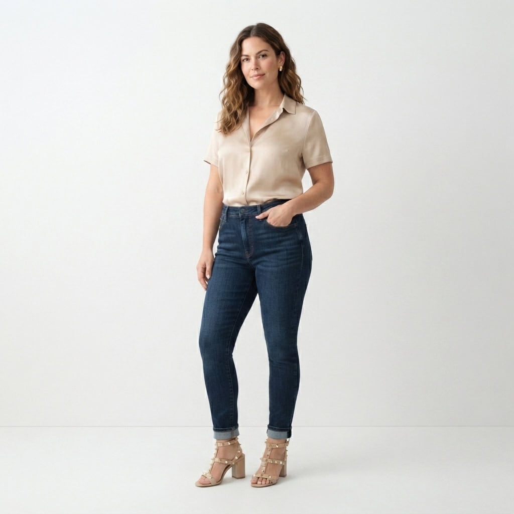Outfit 8, champagne blouse and jean, worn. Nursing-friendly outfit from Anniversary Dinner Palette: 3 Romantic Colors, 9 Postpartum Date-Night Outfits.