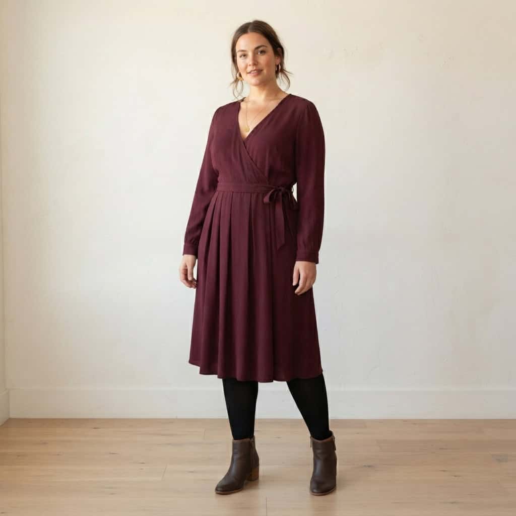 Outfit 2, burgundy midi wrap dress, tight and boot, worn. Nursing-friendly outfit from Deep Fall: 4 Rich Colors, 12 Postpartum Outfits That Feel Like a Sweater.