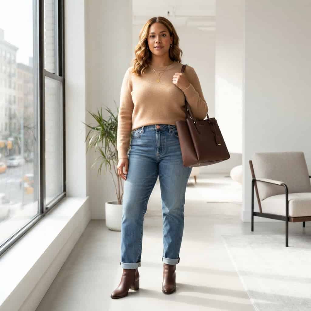 Outfit 11, camel fine sweater, high-rise jean and ankle boot, worn. Nursing-friendly outfit from Deep Fall: 4 Rich Colors, 12 Postpartum Outfits That Feel Like a Sweater.