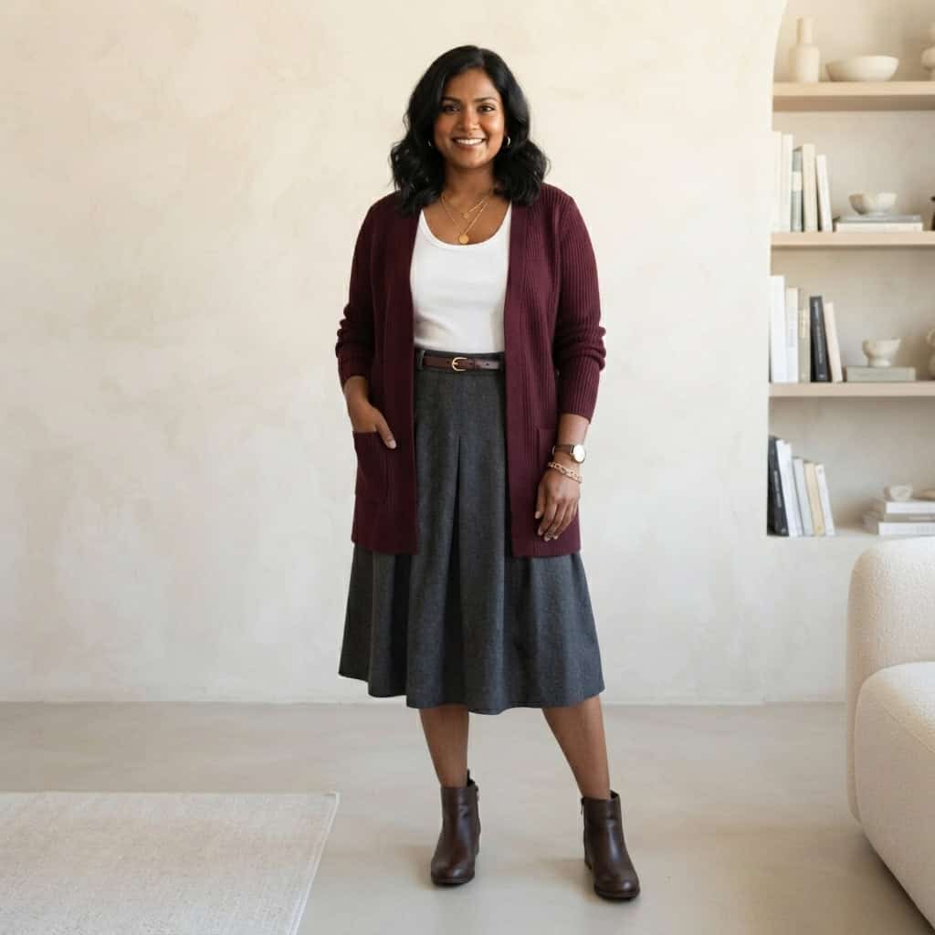 Outfit 3, burgundy long cardigan, tucked tank and midi skirt, worn. Nursing-friendly outfit from Deep Fall: 4 Rich Colors, 12 Postpartum Outfits That Feel Like a Sweater.