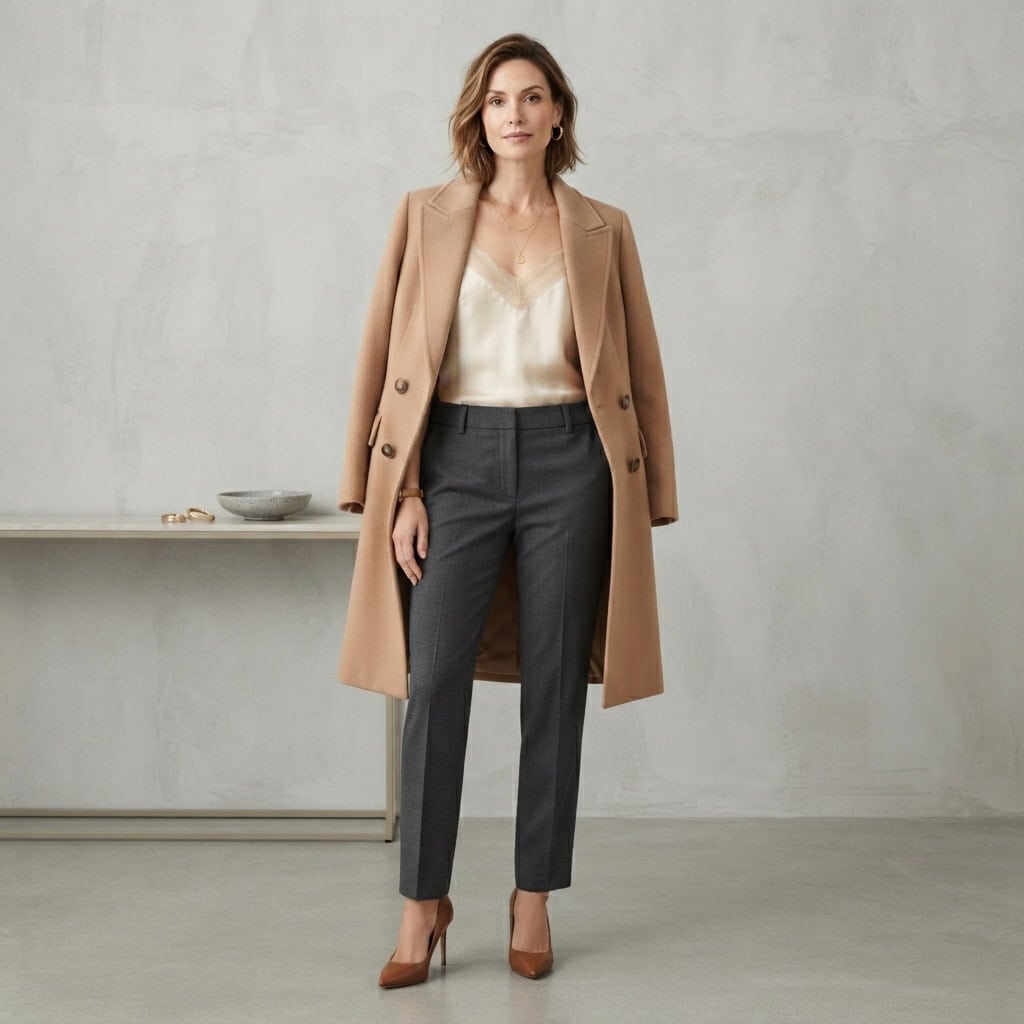 Outfit 10, camel wool coat, wool trouser and silk cami, worn. Nursing-friendly outfit from Deep Fall: 4 Rich Colors, 12 Postpartum Outfits That Feel Like a Sweater.