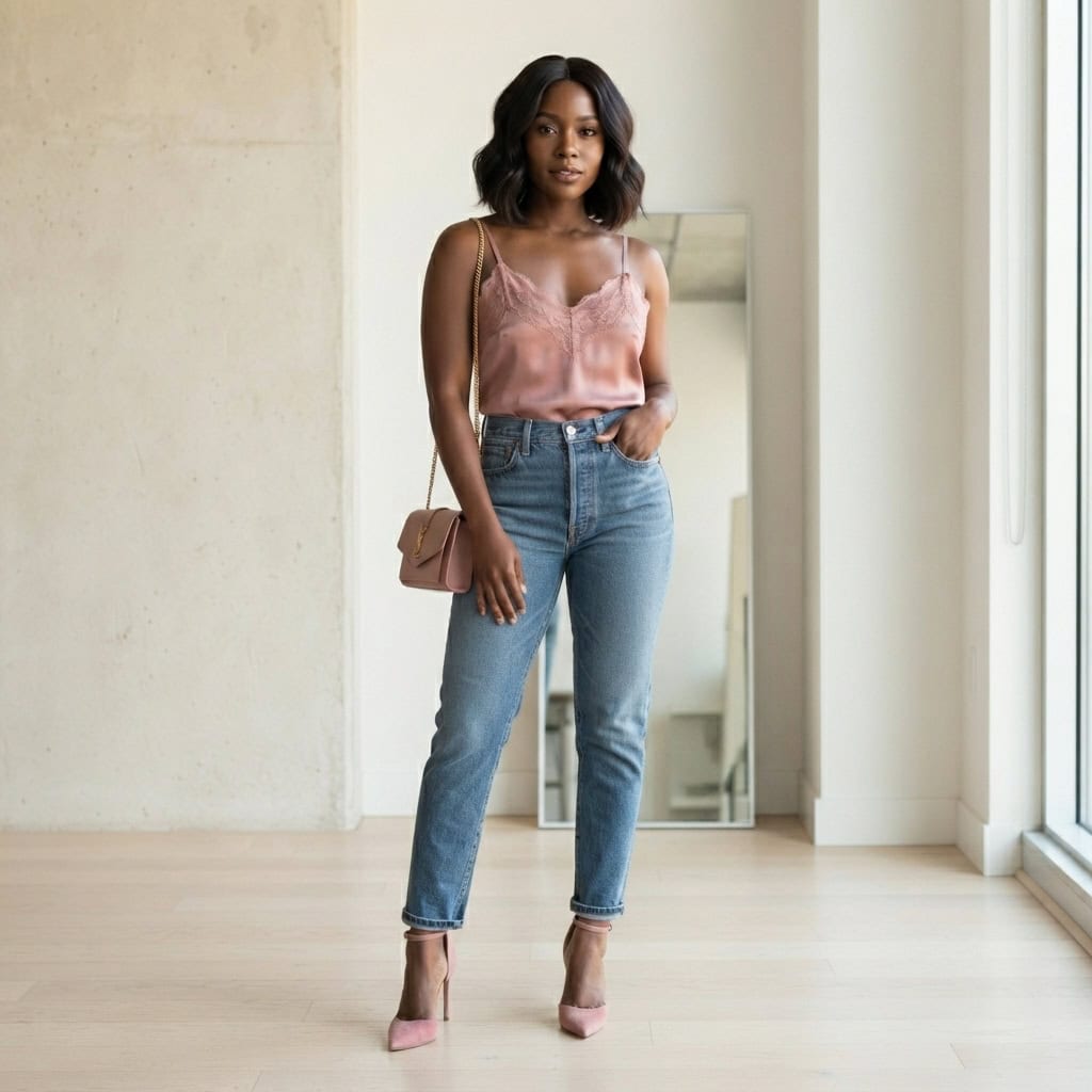 Outfit 2, rose cami, jean and heel, worn. Nursing-friendly outfit from Anniversary Dinner Palette: 3 Romantic Colors, 9 Postpartum Date-Night Outfits.