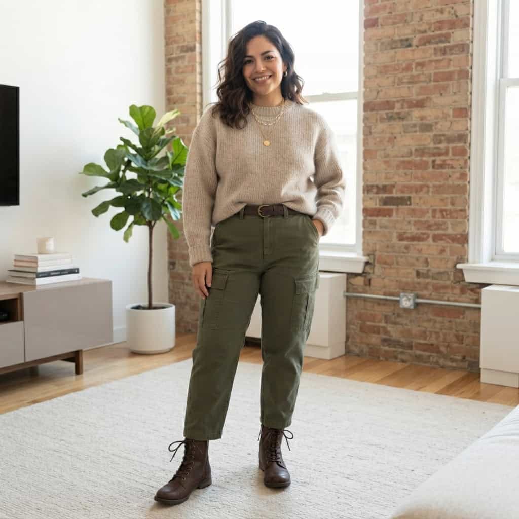 Outfit 5, olive cargo pant, soft knit and boot, worn. Nursing-friendly outfit from Deep Fall: 4 Rich Colors, 12 Postpartum Outfits That Feel Like a Sweater.