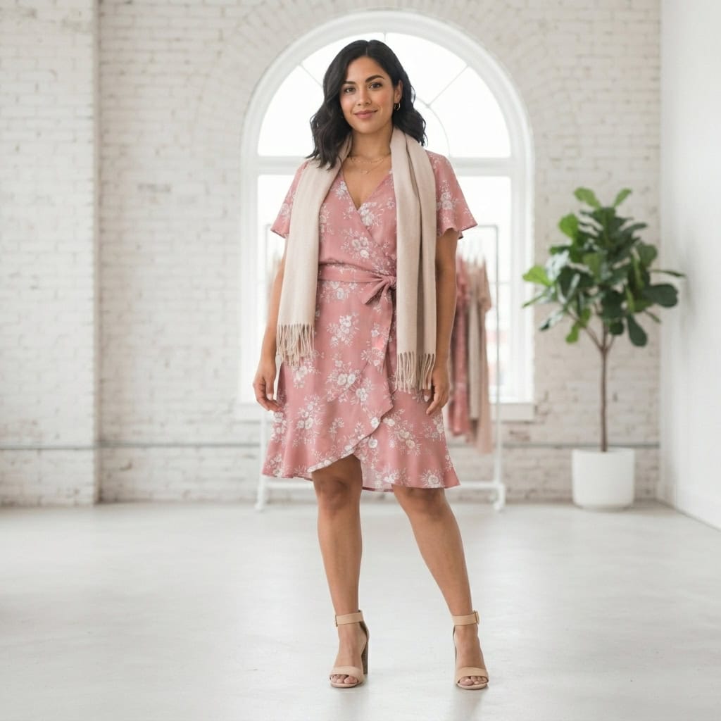 Outfit 3, rose wrap dress and heel, worn. Nursing-friendly outfit from Anniversary Dinner Palette: 3 Romantic Colors, 9 Postpartum Date-Night Outfits.