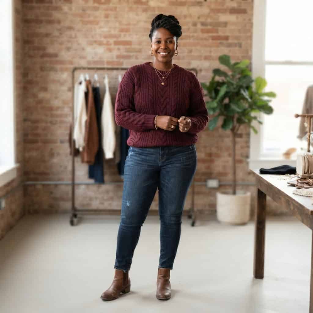 Outfit 1, burgundy chunky knit, nursing tank and jean, worn. Nursing-friendly outfit from Deep Fall: 4 Rich Colors, 12 Postpartum Outfits That Feel Like a Sweater.