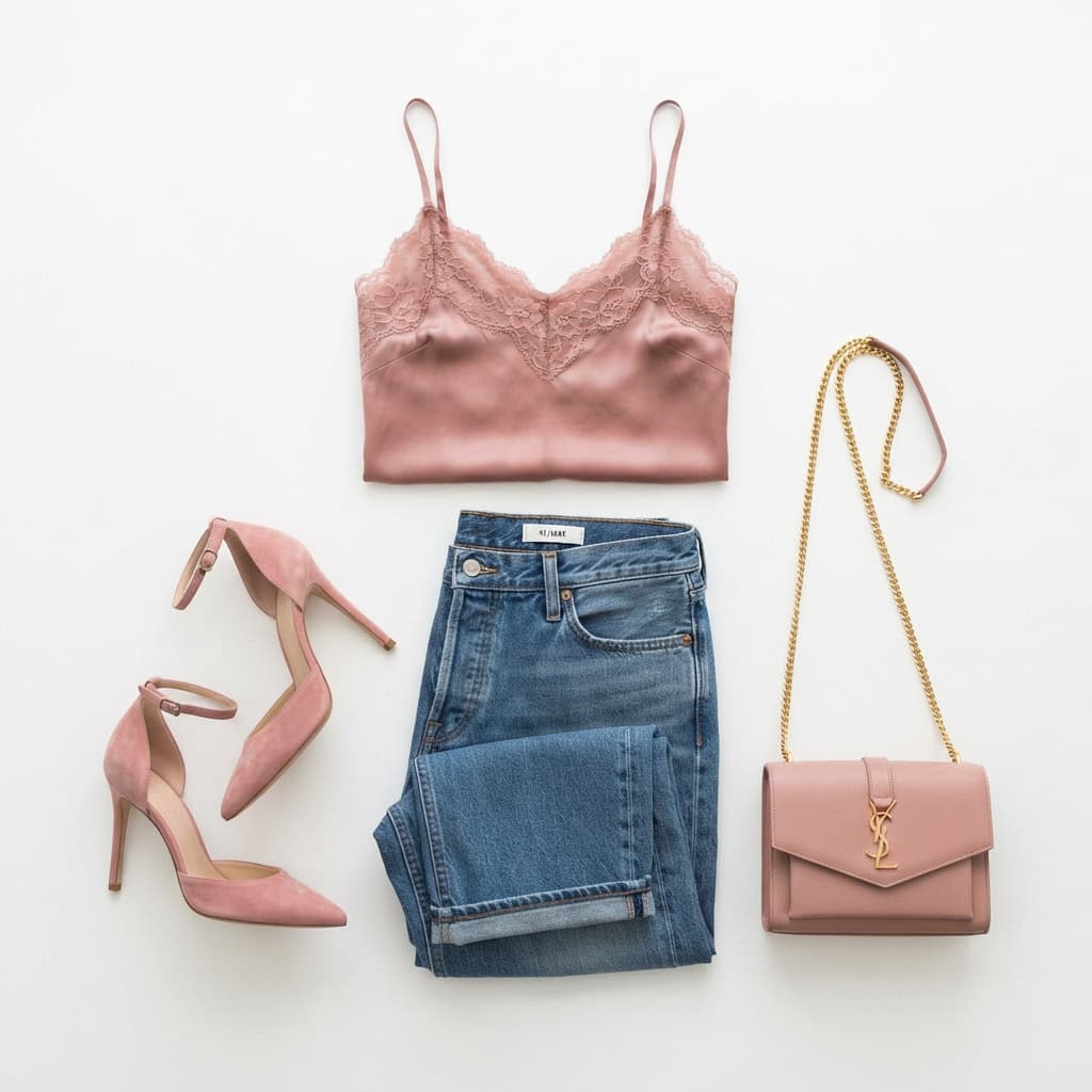 Outfit 2, rose cami, jean and heel, flat lay. Nursing-friendly outfit from Anniversary Dinner Palette: 3 Romantic Colors, 9 Postpartum Date-Night Outfits.