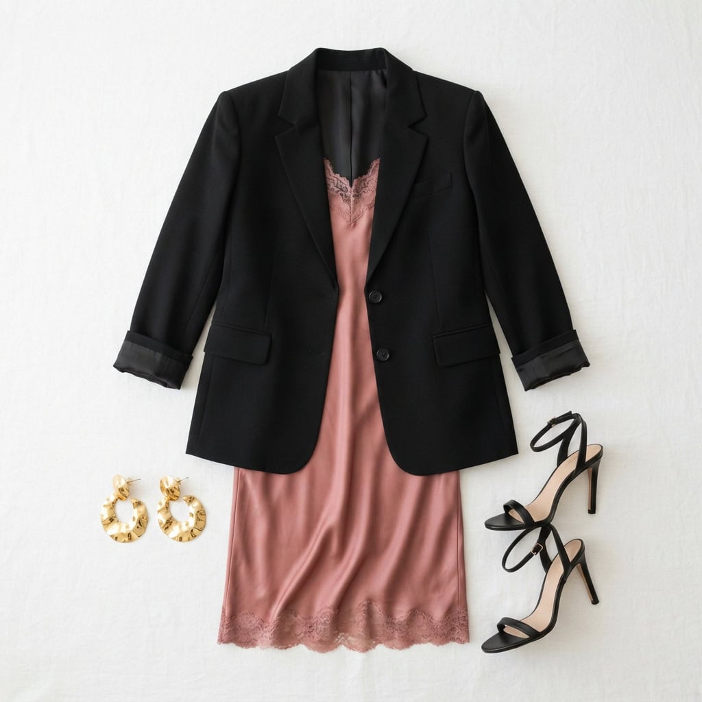 Outfit 1, rose slip and blazer, flat lay. Nursing-friendly outfit from Anniversary Dinner Palette: 3 Romantic Colors, 9 Postpartum Date-Night Outfits.