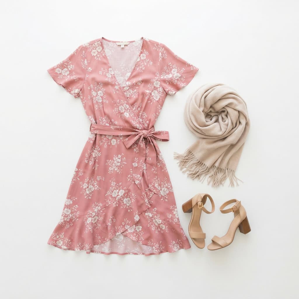 Outfit 3, rose wrap dress and heel, flat lay. Nursing-friendly outfit from Anniversary Dinner Palette: 3 Romantic Colors, 9 Postpartum Date-Night Outfits.