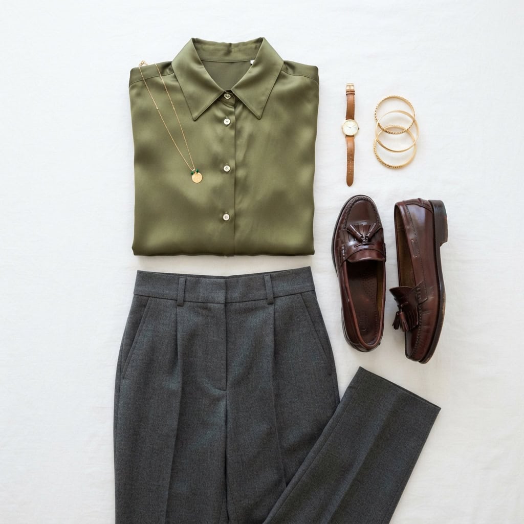 Outfit 6, olive silk blouse, tailored trouser and loafer, flat lay. Nursing-friendly outfit from Deep Fall: 4 Rich Colors, 12 Postpartum Outfits That Feel Like a Sweater.