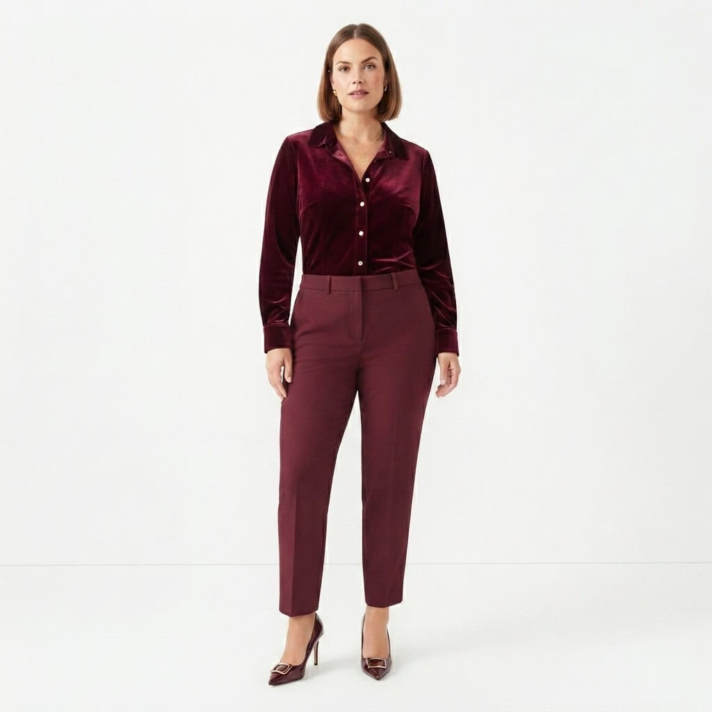 Outfit 4, burgundy velvet blouse and trouser, worn. Nursing-friendly outfit from Anniversary Dinner Palette: 3 Romantic Colors, 9 Postpartum Date-Night Outfits.