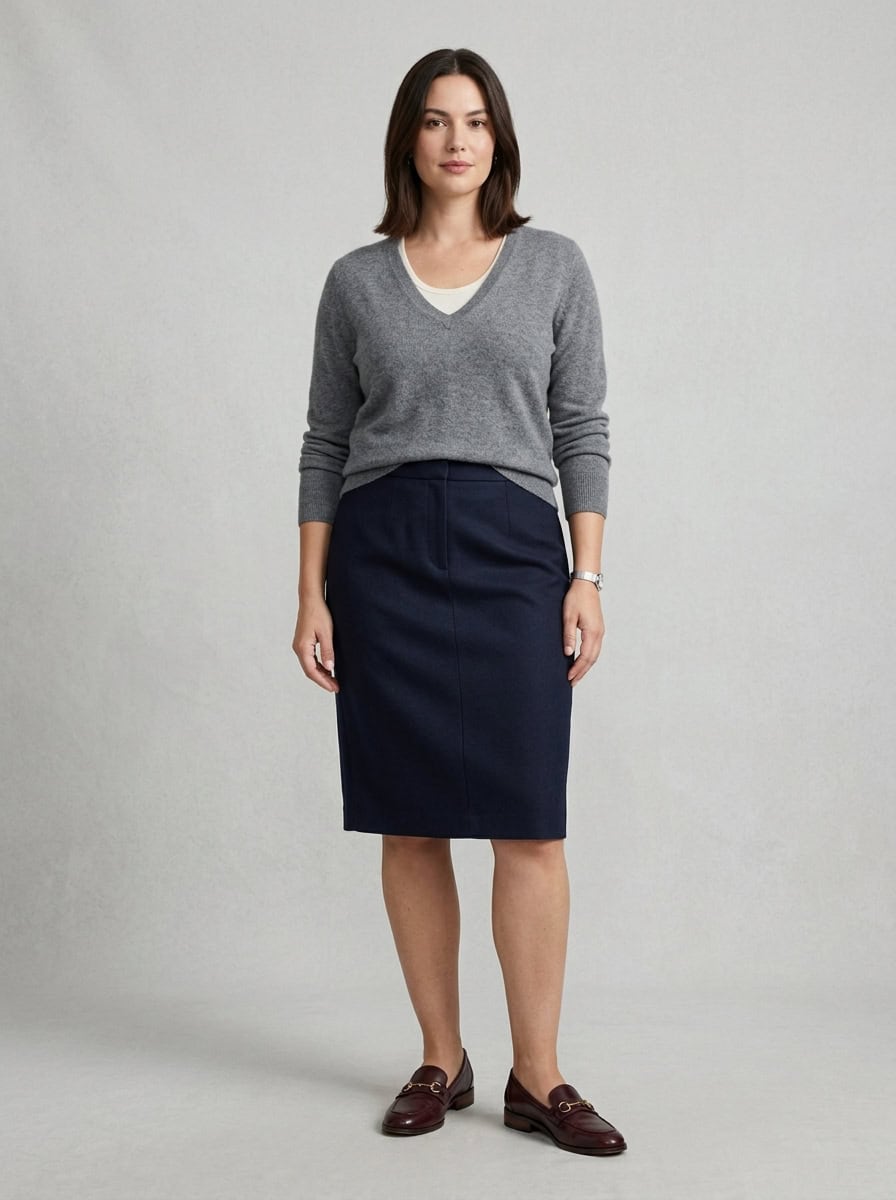 Outfit 8, cashmere V-neck, pencil skirt and loafer, worn. Nursing-friendly outfit from 1 Pencil Skirt, 8 Nursing-Friendly Office Outfits.