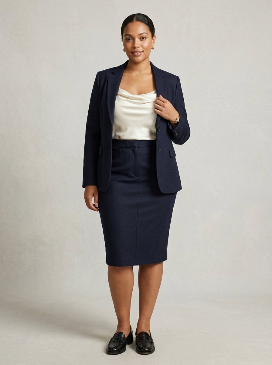 Outfit 2, silk cami, blazer and pencil skirt, worn. Nursing-friendly outfit from 1 Pencil Skirt, 8 Nursing-Friendly Office Outfits.