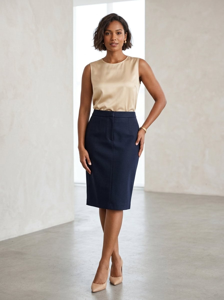 Outfit 5, sleeveless blouse and pencil skirt (summer), worn. Nursing-friendly outfit from 1 Pencil Skirt, 8 Nursing-Friendly Office Outfits.