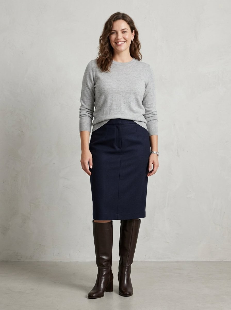 Outfit 6, fine-knit sweater, pencil skirt and tall boot, worn. Nursing-friendly outfit from 1 Pencil Skirt, 8 Nursing-Friendly Office Outfits.
