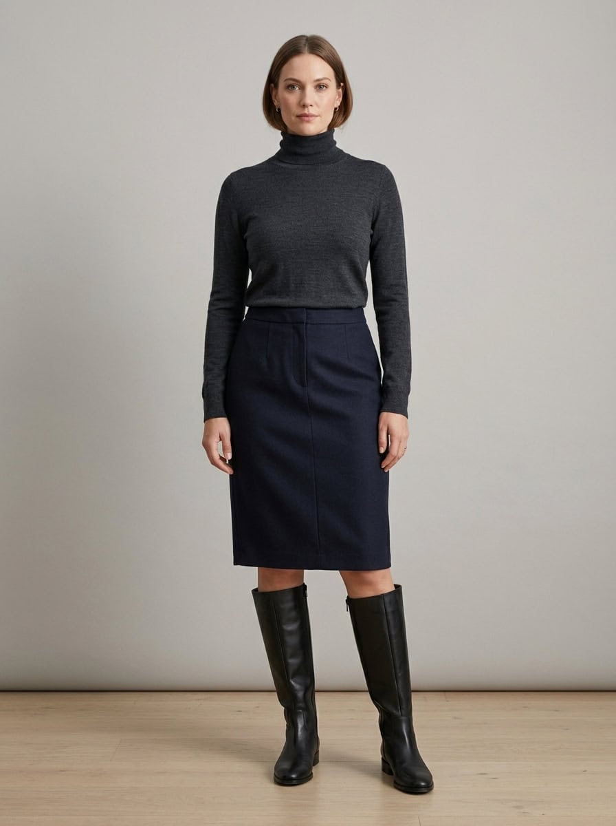 Outfit 4, fitted turtleneck and pencil skirt (winter), worn. Nursing-friendly outfit from 1 Pencil Skirt, 8 Nursing-Friendly Office Outfits.