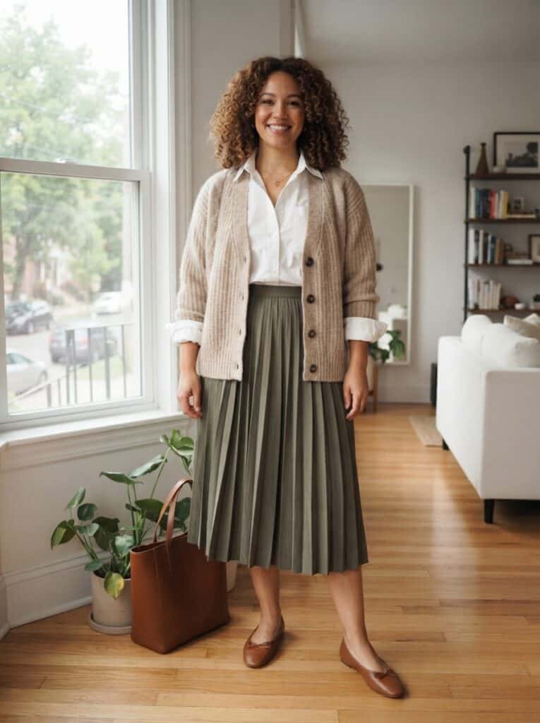 Outfit 3, Over a Button-Down, Midi Skirt and Flat, worn. Nursing-friendly outfit from 1 Lightweight Cardigan, 7 Spring Nursing-Friendly Outfits.