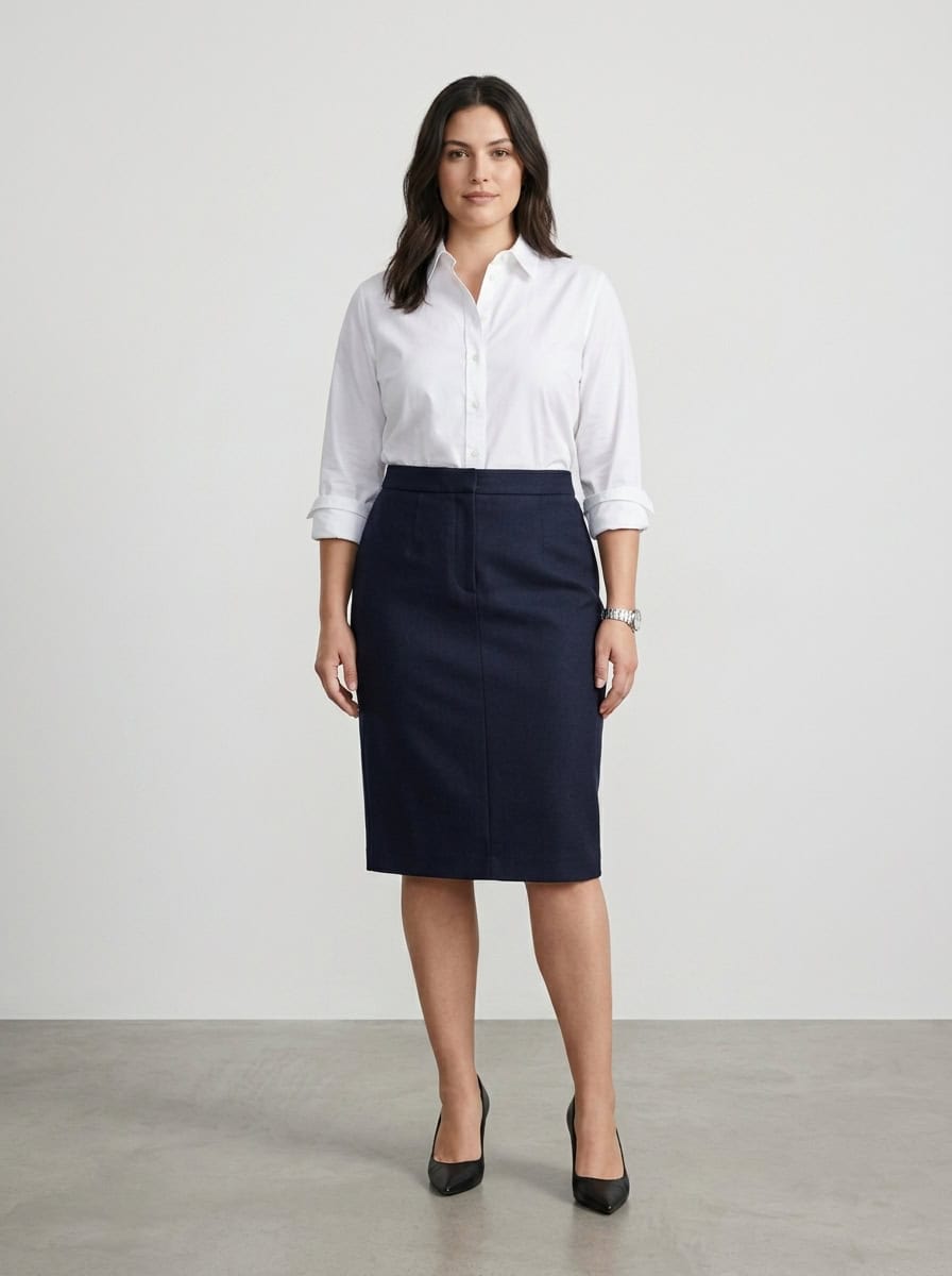 Outfit 3, button-down and pencil skirt, worn. Nursing-friendly outfit from 1 Pencil Skirt, 8 Nursing-Friendly Office Outfits.