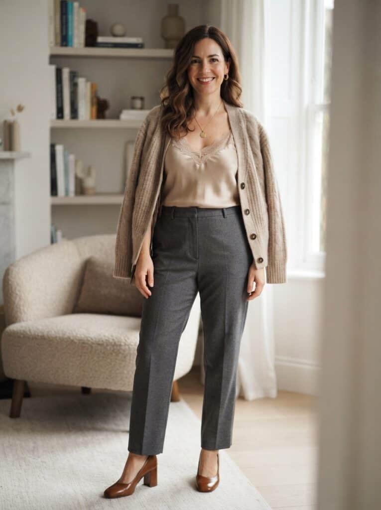 Outfit 7, Draped Over the Shoulders, Silk Cami, Trouser and Heel, worn. Nursing-friendly outfit from 1 Lightweight Cardigan, 7 Spring Nursing-Friendly Outfits.