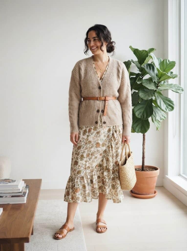 Outfit 5, Belted Over a Midi Wrap Dress and Slide Sandal, worn. Nursing-friendly outfit from 1 Lightweight Cardigan, 7 Spring Nursing-Friendly Outfits.
