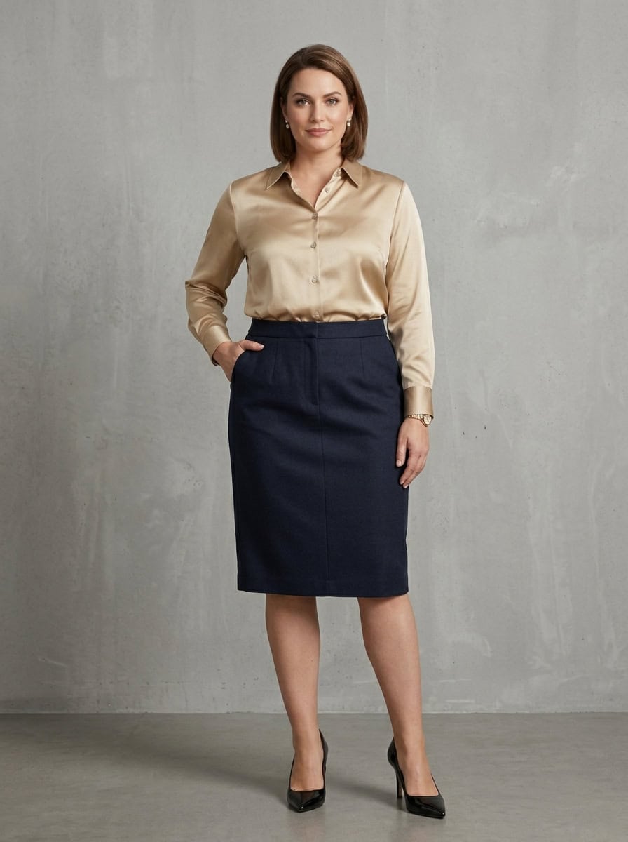 Outfit 7, silk button-down and pencil skirt (dressy), worn. Nursing-friendly outfit from 1 Pencil Skirt, 8 Nursing-Friendly Office Outfits.