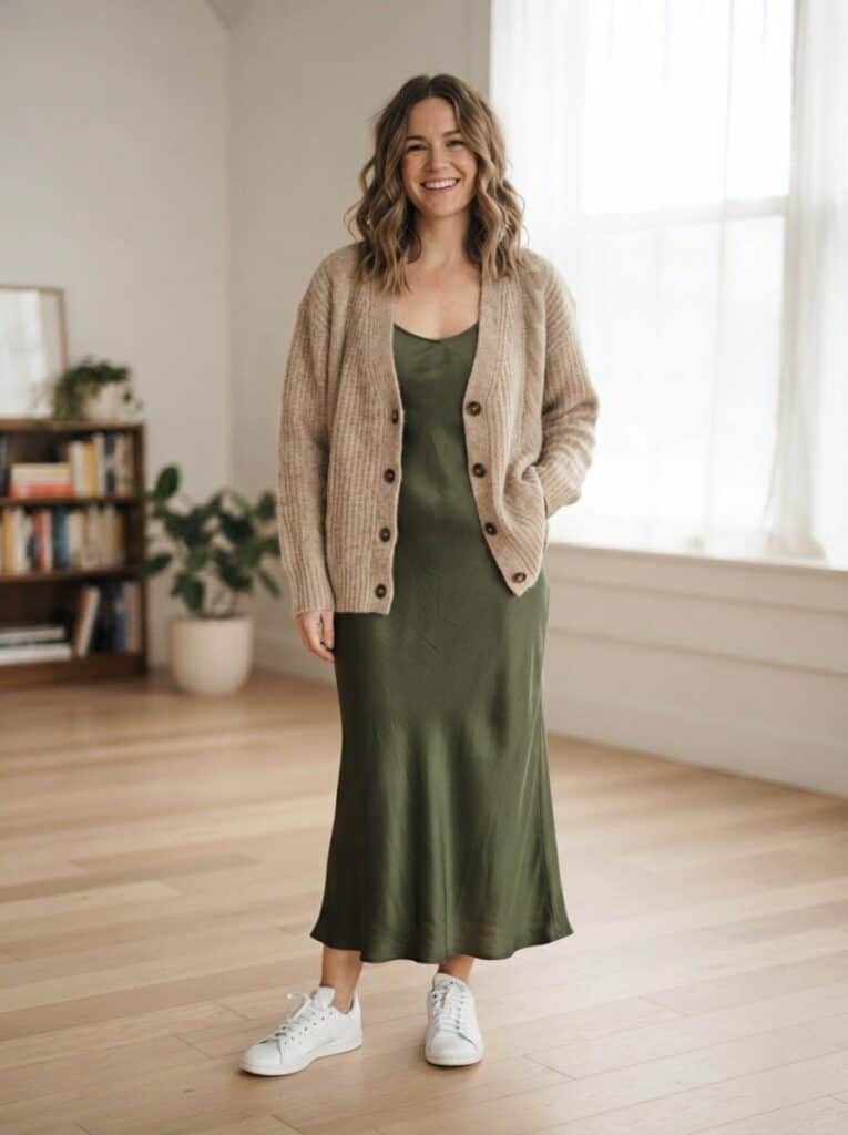 Outfit 2, Over a Slip Dress and White Sneaker, worn. Nursing-friendly outfit from 1 Lightweight Cardigan, 7 Spring Nursing-Friendly Outfits.