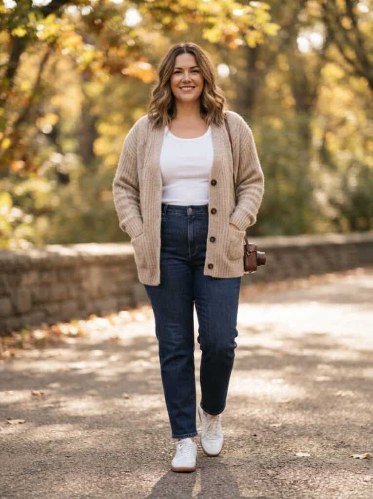 Outfit 1, Over a Nursing Tank, Jean and Sneaker, worn. Nursing-friendly outfit from 1 Lightweight Cardigan, 7 Spring Nursing-Friendly Outfits.