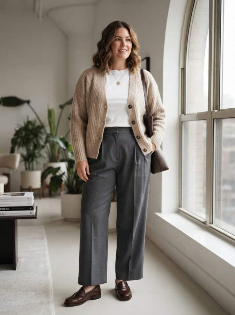Outfit 4, With a White Tee, Wide-Leg Trouser and Loafer, worn. Nursing-friendly outfit from 1 Lightweight Cardigan, 7 Spring Nursing-Friendly Outfits.