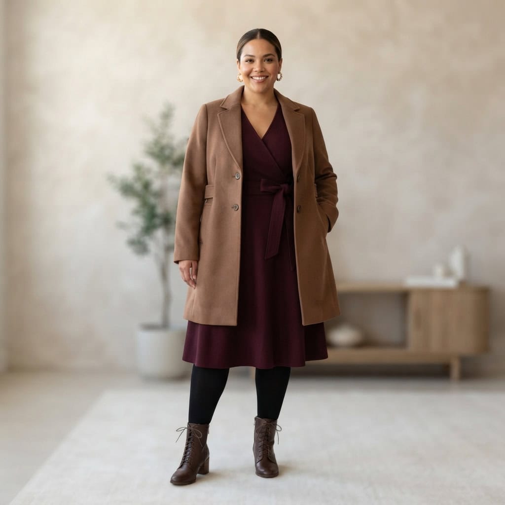 Outfit 5, burgundy midi and boot, worn. Nursing-friendly outfit from Anniversary Dinner Palette: 3 Romantic Colors, 9 Postpartum Date-Night Outfits.