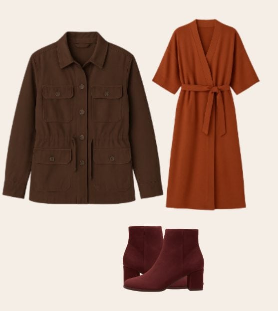 The utility jacket over the rust dress