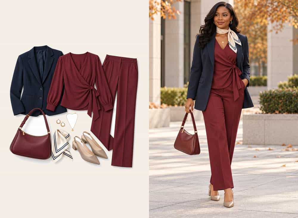 Knit wrap dress with the navy blazer