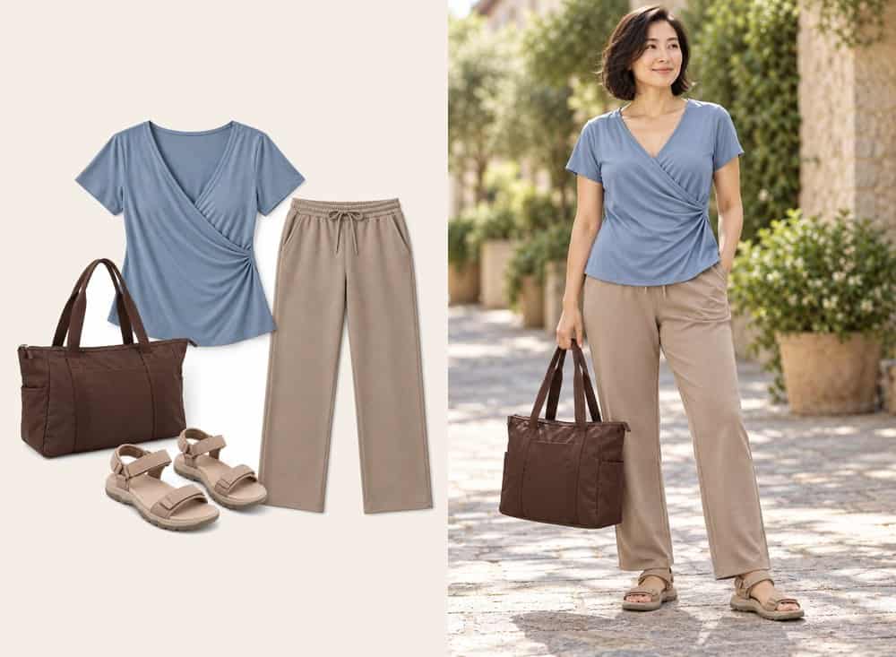 Taupe trousers, blue crossover