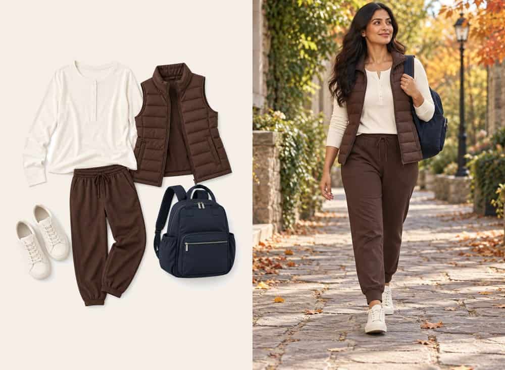 Henley, vest and espresso joggers