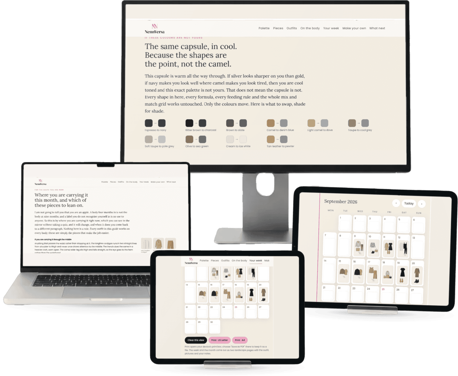 The guide page on a monitor, a laptop and two tablets: the cool palette swap, the shape section and the planner